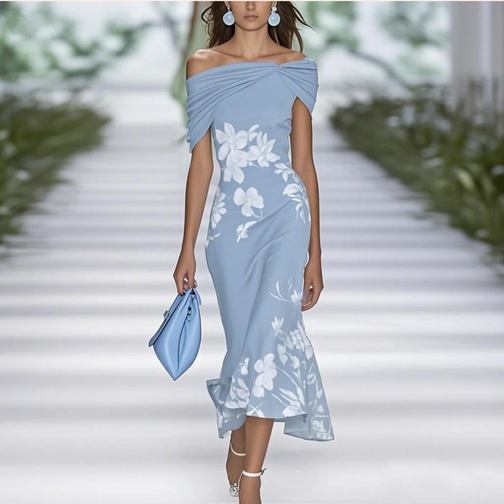 Chic One-Shoulder Blue Floral Dress